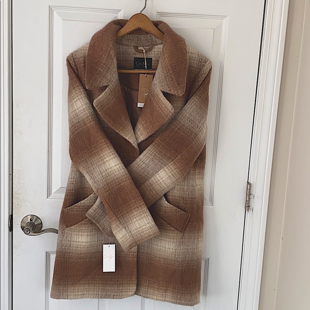 Jessica Simpson light brown plaid wool blend coat.